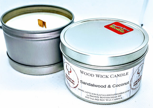 Sandalwood Coconut natural soy wax wood wick candle handpoured in Wisconsin by Little Bull Falls Soap Works. A Wisconsin candle co.