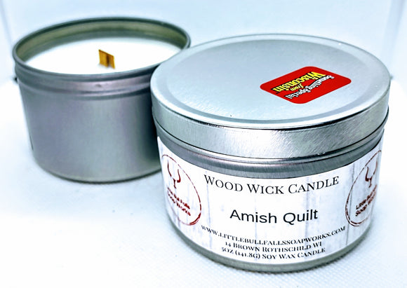 Wood wick soy candle hanpoured in Wisconsin by Wisconsin candle co Little Bull Falls Soap Works. Wholesale candles. Wisconsin makers.