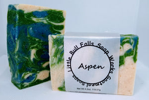 Aspen goat milk and oatmeal soap handmade in Wisconsin by Little Bull Falls Soap Works. Fresh and invigorating organic soap for men & women.