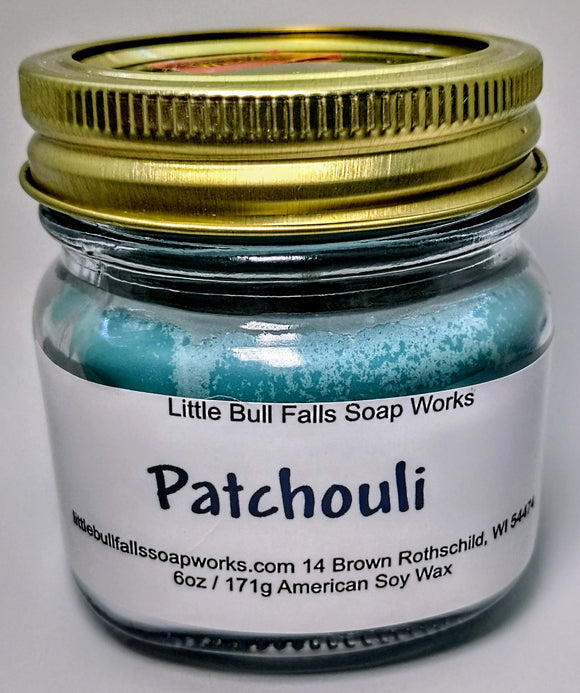 Patchouli scented soy wax candle made in Wisconsin by Little Bull Falls Soap Works.