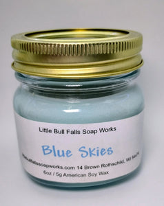 Blue Skies soy wax candle made in Wisconsin by Little Bull Falls Soap Works. Blue candle smells like a happy spring day.