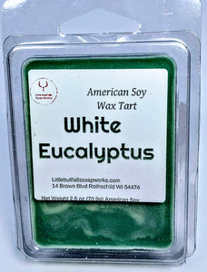 White eucalyptus soy wax melt tart spa type made in Wisconsin by Little Bull Falls Soap Works. Wholesale wax melt tarts. Unique Wax Melt