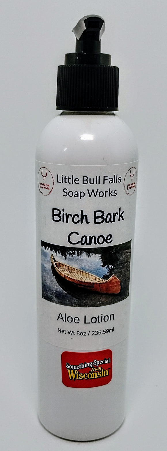 Birch Bark Canoe hand & body lotion. Favorite for both men & women handmade in Wisconsin by Little Bull Falls Soap Works. Available for retail & wholesale.
