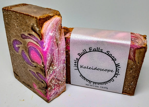Kaleidoscope handmade natural soap made in Wisconsin by Little Bull Falls Soap Works. Glitter and sparkle biodegradable soap. Available for wholesale and retail 
