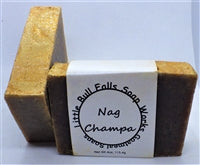 Nag Champa goat milk soap. Made with oatmeal and organic oils. Hand made cold processed soap in Wisconsin by Little Bull Falls Soap Works. Incense Soap.